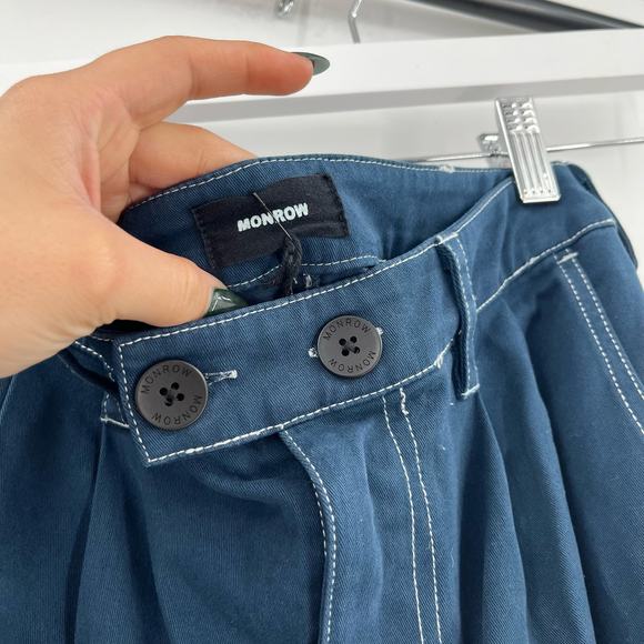 MONROW Cotton Twill Wide Leg Trousers Dark Denim High Rise Stretch Zip 28 NEW - Picture 9 of 13